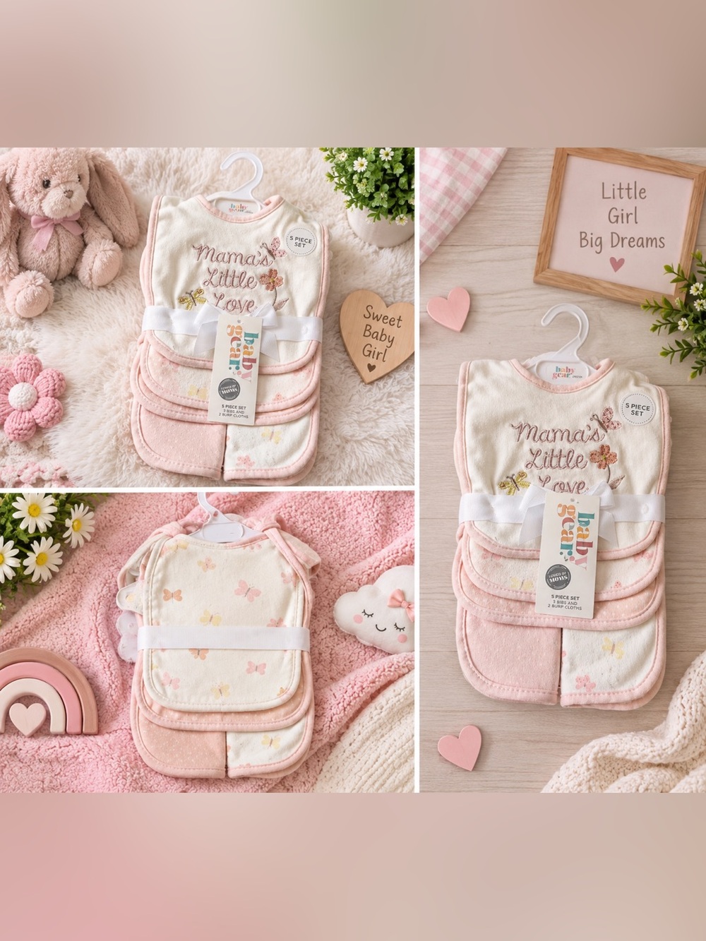 Baby Gear 5-Piece Pink and Cream Bib Set